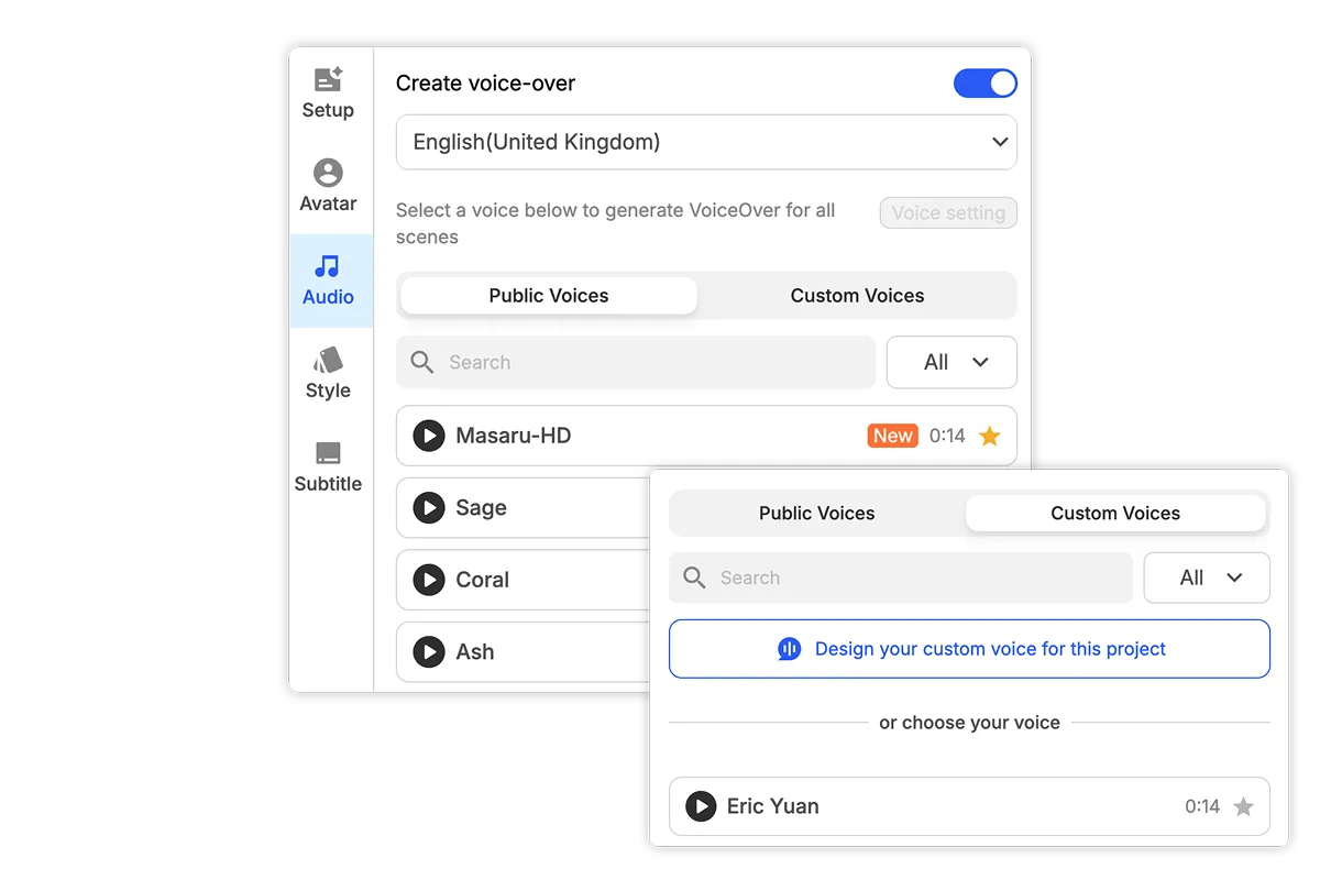 Choose an AI voice or cloned voice for a video in Visla
